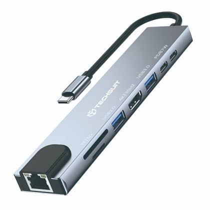 Techsuit - Σταθμός σύνδεσης NetBridge 8 σε 1 (H2) - Type-C σε 2x Type-C, 2x USB, HDMI, RJ45, TF/SD, 4K@30Hz, PD87W - Γκρι