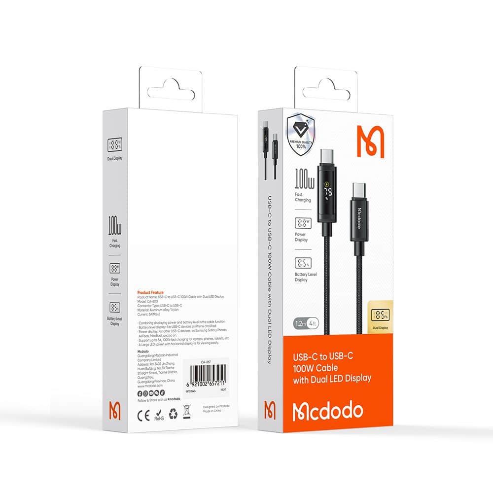 Mcdodo - Data Καλώδιο (ca-8000) - Usb-C To Usb-C, Dual Led Display, 100w, Fast Charging, 1.2m - Black - Image 7