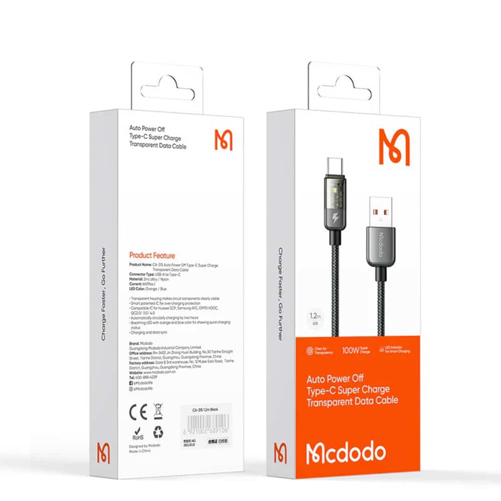 Mcdodo - Data Καλώδιο (ca-3150) - Usb To Type-C, 6a, Super Charge, Transparent Design, Auto Power Off, 1.2m - Black - Image 7