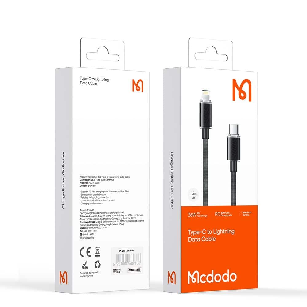 Mcdodo - Data Καλώδιο (ca-3660) - Type-C To Lightning, Transparent Design, 36w, 1.2m - Black - Image 7