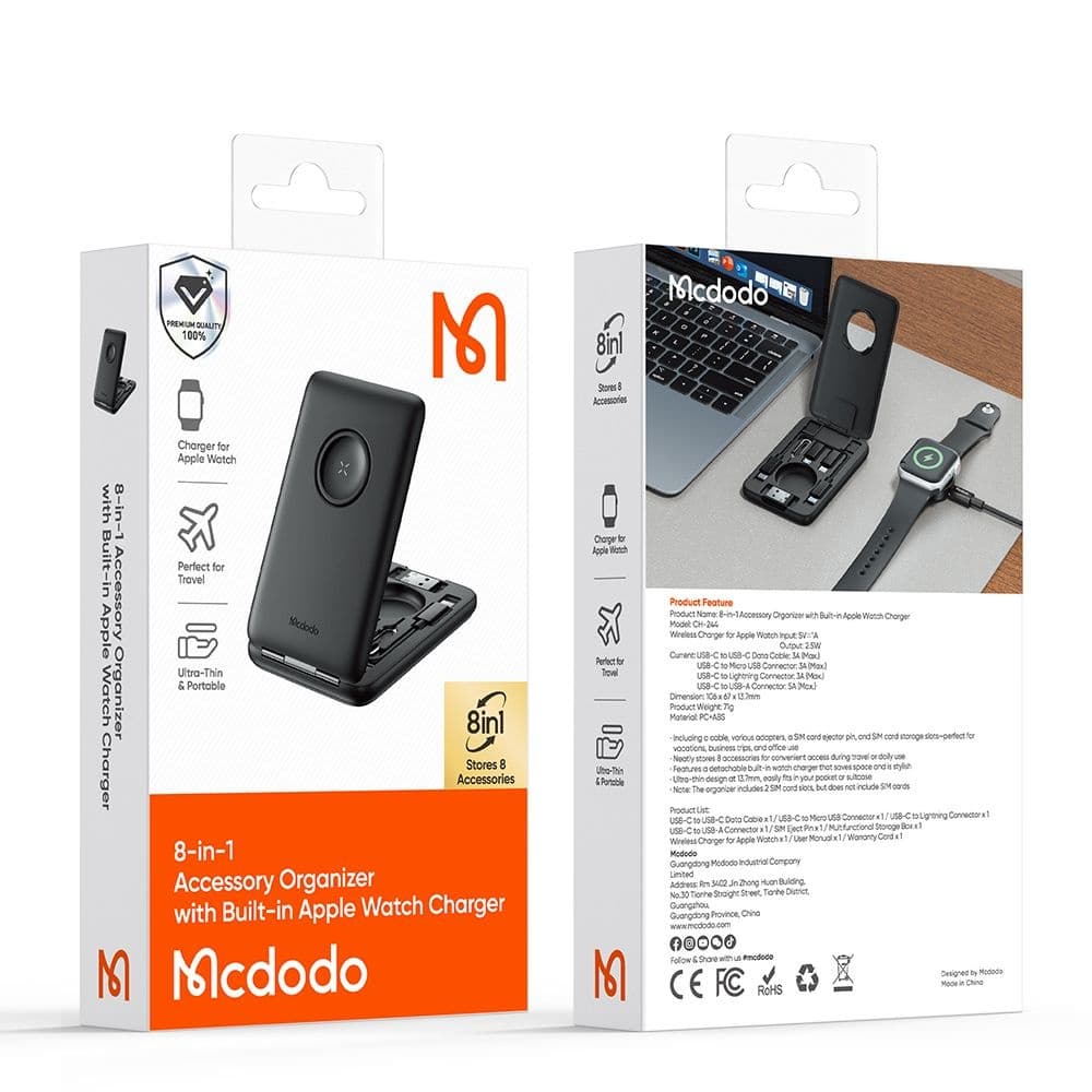 Mcdodo - 8in1 Accessory Organizer (ch-2440) - With Built-In Apple Watch Charger, Fast Charging, Portable Design - Black - Image 7