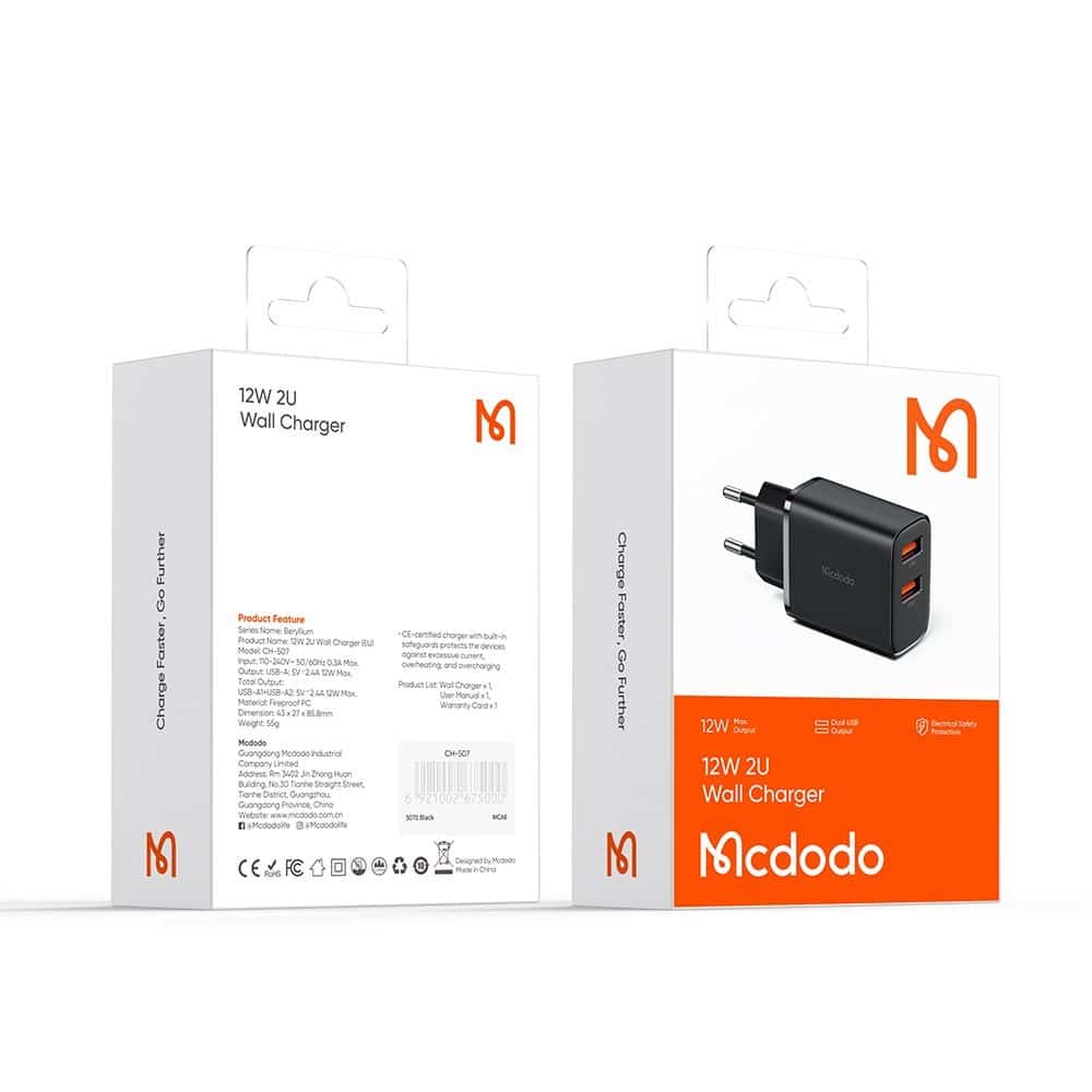 Mcdodo - Wall Charger Beryllium Series (ch-5070) - 2x Usb-A. 12w, 2a, Fireproof Pc - Black - Image 7