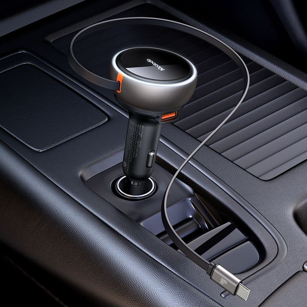 Mcdodo - Car Charger (cc-4850) - With Usb-C Retractable Καλώδιο, 80w, Dual Port, Indicator Light Ring, 80cm - Black - Image 5