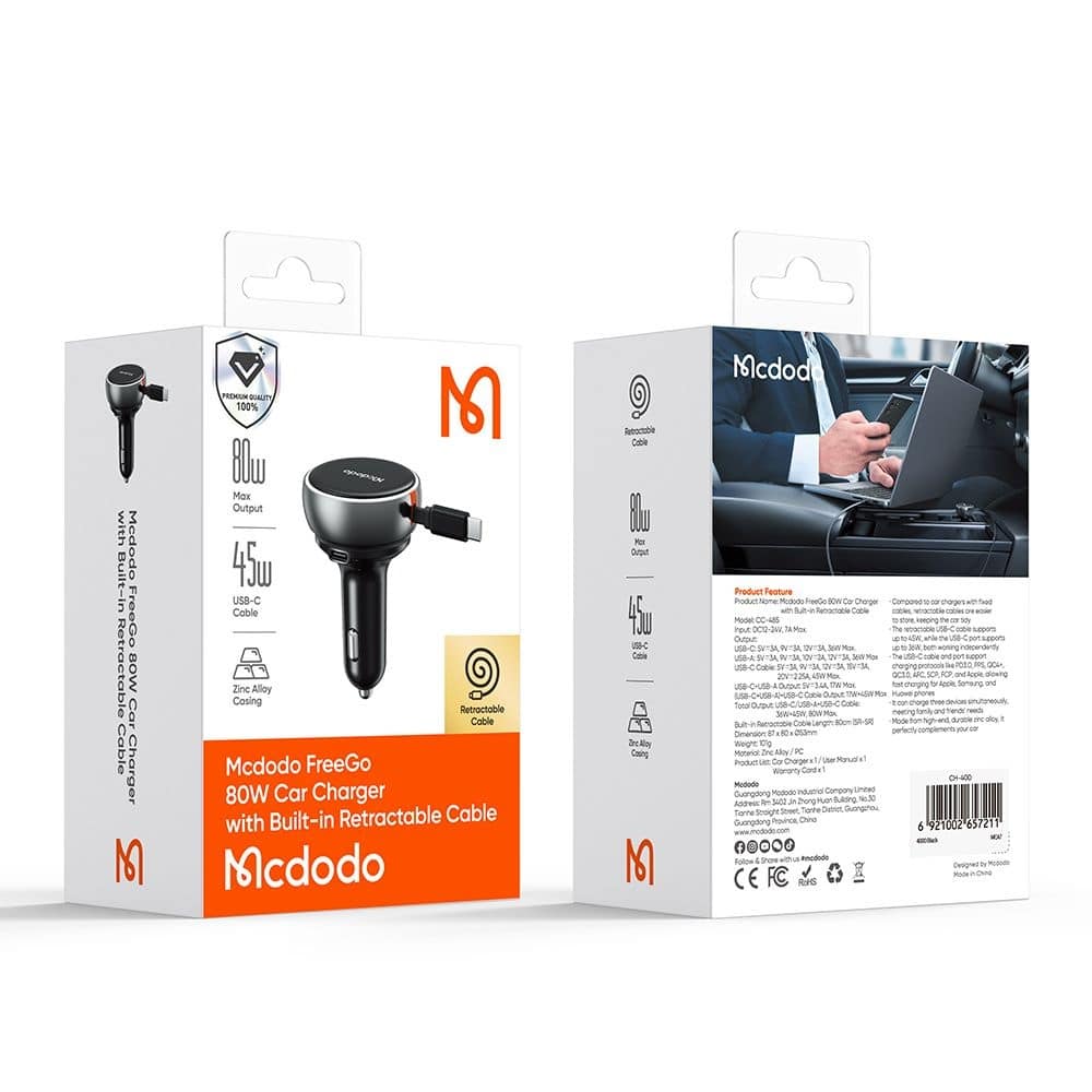 Mcdodo - Car Charger (cc-4850) - With Usb-C Retractable Καλώδιο, 80w, Dual Port, Indicator Light Ring, 80cm - Black - Image 7