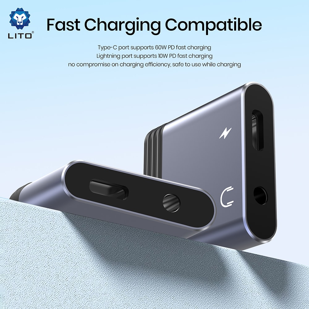 Lito - Audio Adapter (la04l) - Lightning To Jack 3.5mm, Type-C, Support Calls, Fast Charging, Volume Control, 60w - Black - Image 2