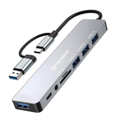 Techsuit - Σταθμός σύνδεσης DataBridge 8 σε 1 (H9) - USB, Type-C σε 4x USB, Type-C, υποδοχή 3.5mm, κάρτα TF/SD - Γκρι