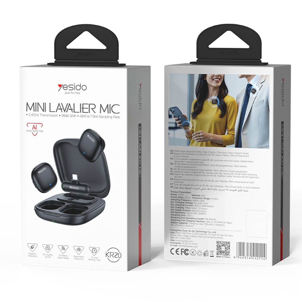 Yesido - (2 Pack) Wireless Lavalier Microphones (kr20) - 3in1 Receiver, Lightning, Ai Noise Reduction, 2.4ghz - Black - Image 9