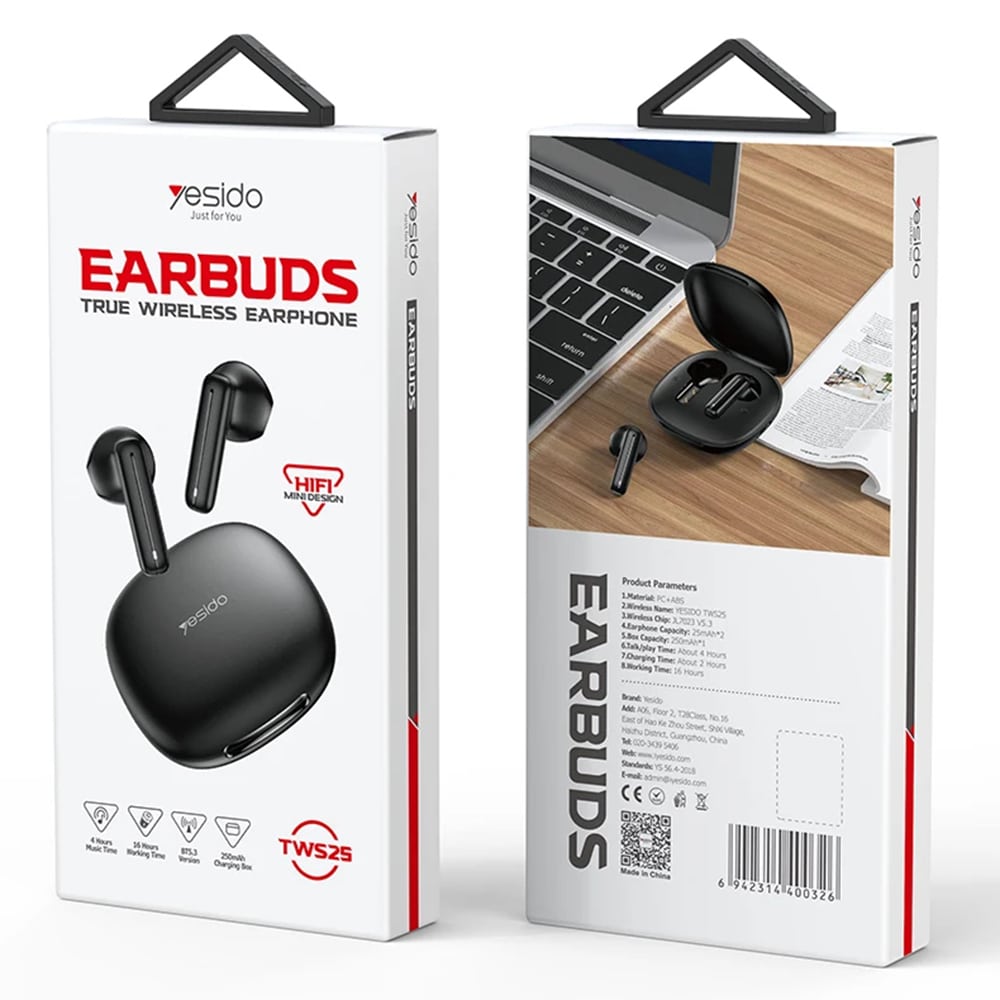 Yesido - Ασύρματα Ακουστικά (tws25) - Με Μικρόφωνο, Bluetooth V5.3, Ελεγχο Αφής, Σχεδίαση Ημι-Εντός Του Αυτιού, 250mah - Μαύρο - Image 7