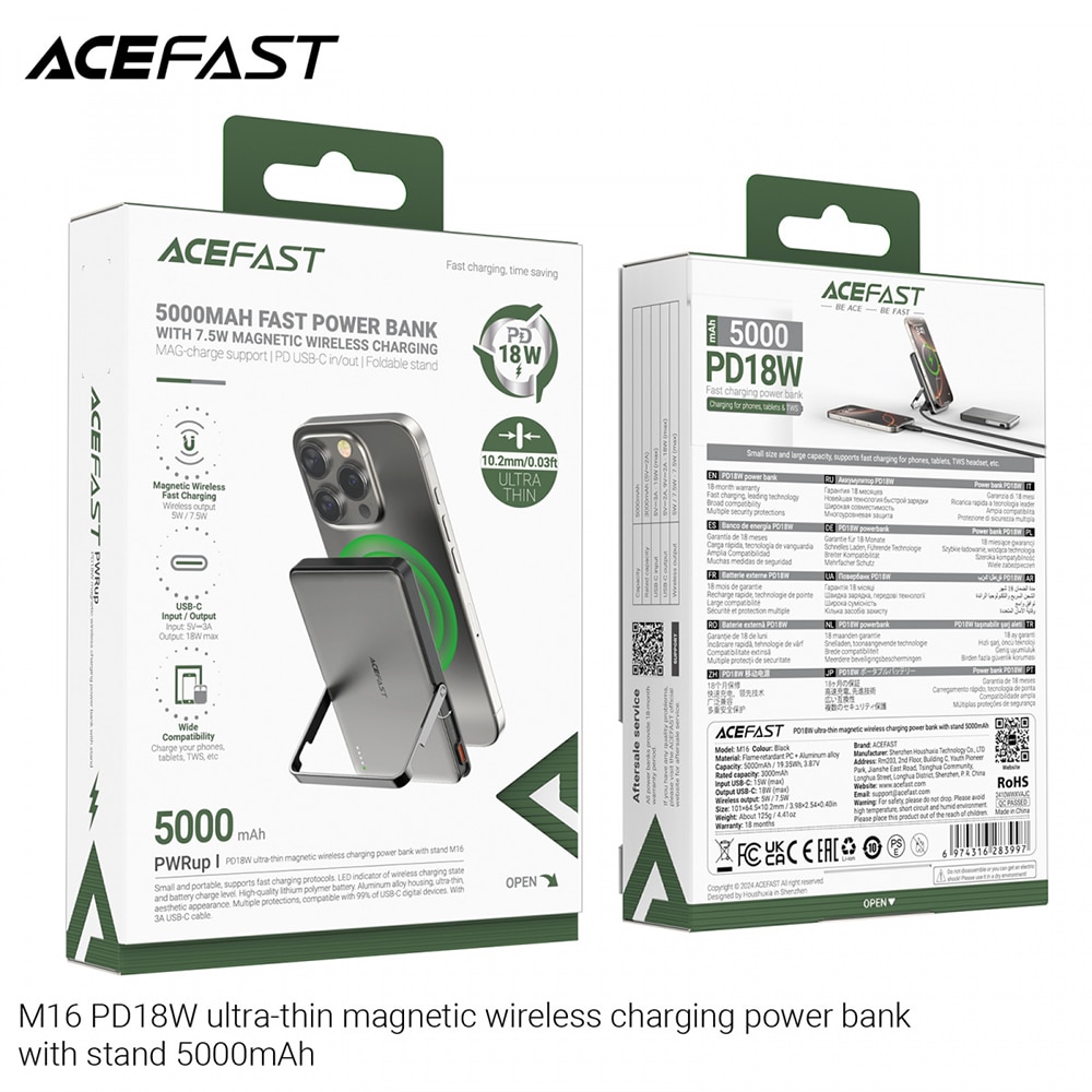 Acefast - Magnetic Wireless Power Bank (m16-5000) - With Foldable Stand, Usb-C Port, 5000mah, Pd18w, Led Indicator - Black - Image 6