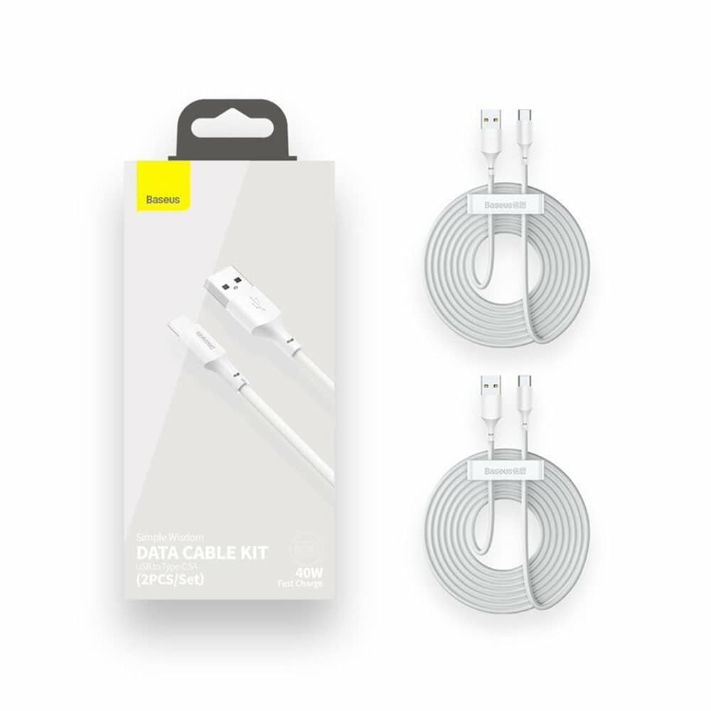 Baseus - (2 Πακέτο) Καλώδιο Δεδομένων (tzcatzj-02) - USB Σε Type-C, Γρήγορη Φόρτιση 5a, 40w, 1.5m - Λευκό - Image 7