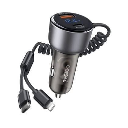 Yesido - Φορτιστής Αυτοκινήτου (y58) - USB, Type-C, Με Καλώδιο Lightning, Type-C, Γρήγορη Φόρτιση, 60w, 120cm - Γκρί