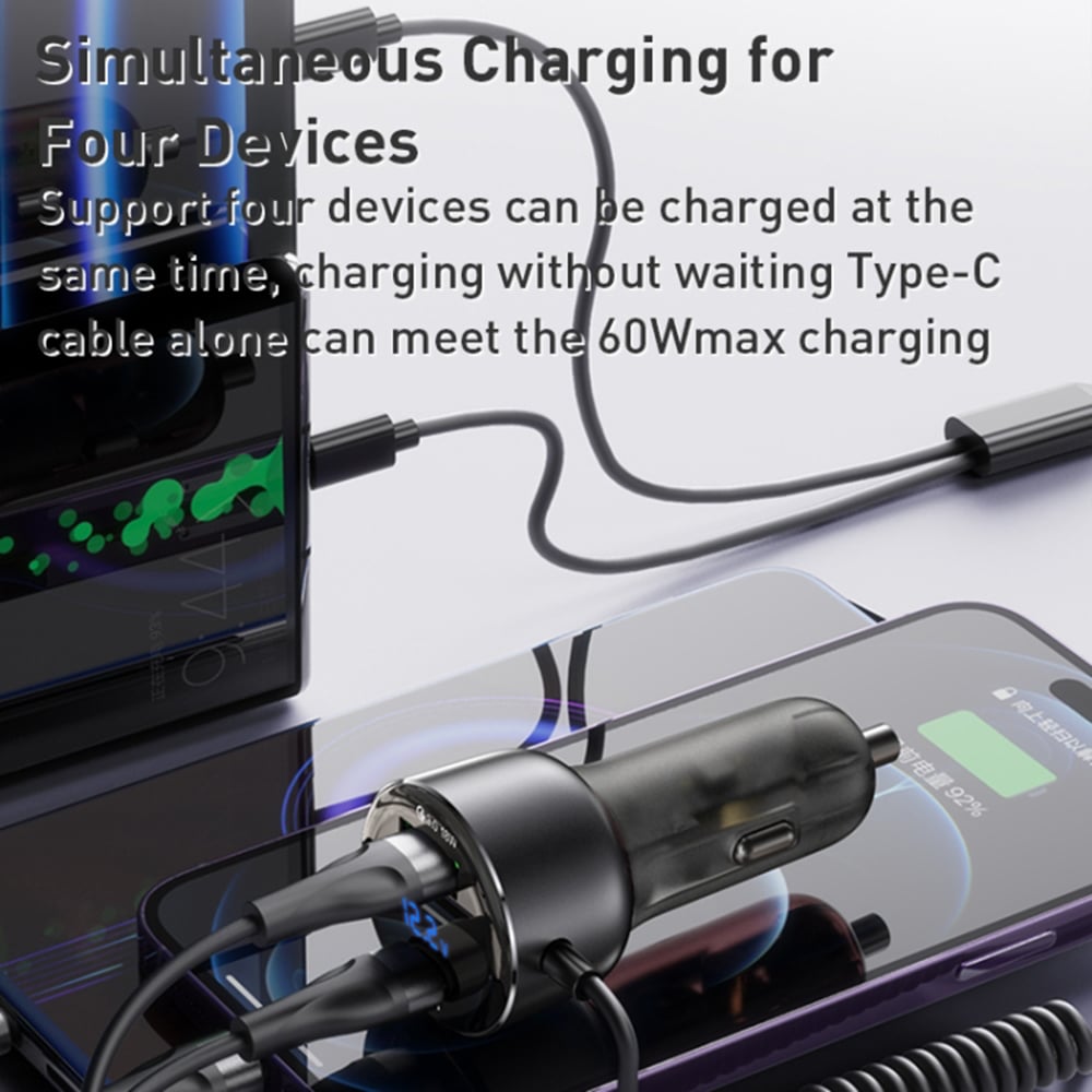 Yesido - Φορτιστής Αυτοκινήτου (y58) - USB, Type-C, Με Καλώδιο Lightning, Type-C, Γρήγορη Φόρτιση, 60w, 120cm - Γκρί - Image 3