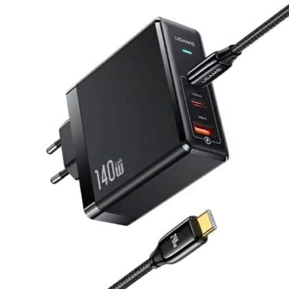 Φορτιστής Usams 2xusb-C + 1xusb T52pd140w Pd Γρήγορης Φόρτισης Us-Cc168 + Καλώδιο U82 USB-C/usb-C Us-Sj581