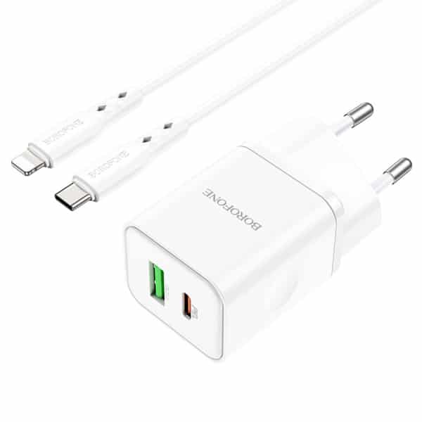 Wall Charger Borofone Bn7, 20w, 3a, 1 X USB-A - 1 X USB-C, With Lightning Καλώδιο, White - Image 2