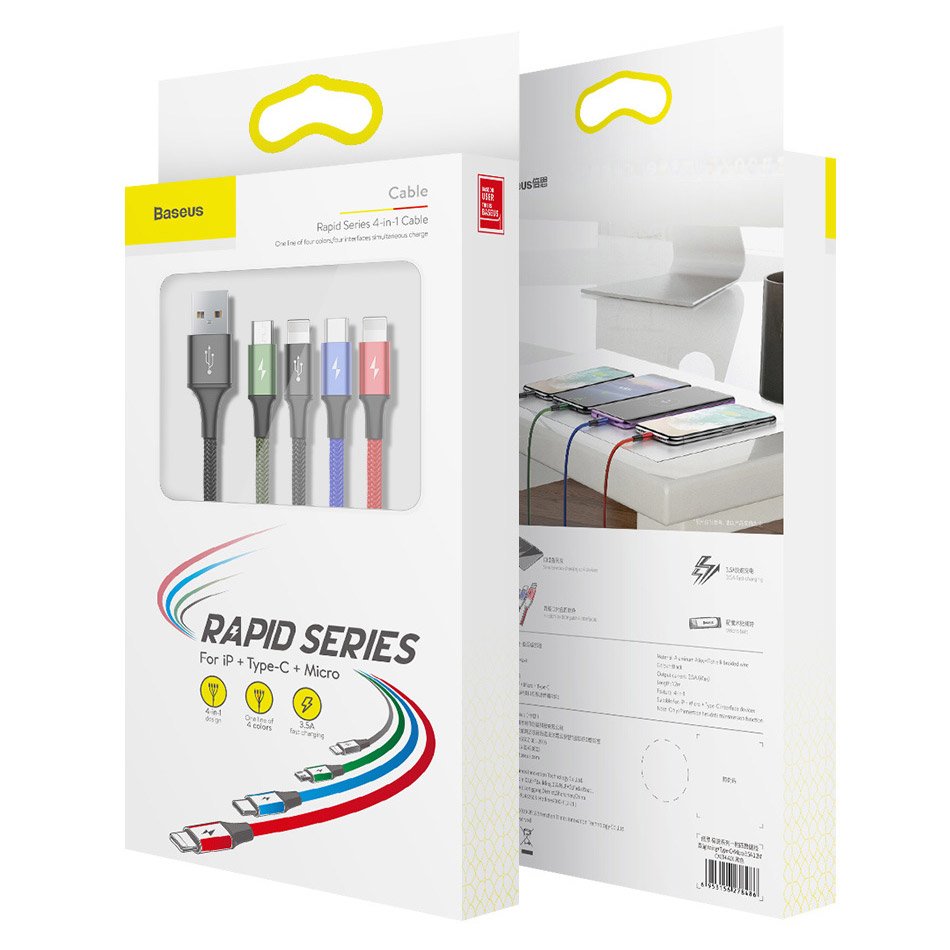 Baseus - Data Cable 4in1 (ca1t4-B01) - Usb To Lightning, 2 X Type-C, Micro-Usb, 3.5a, 1.2m - Black - Image 7