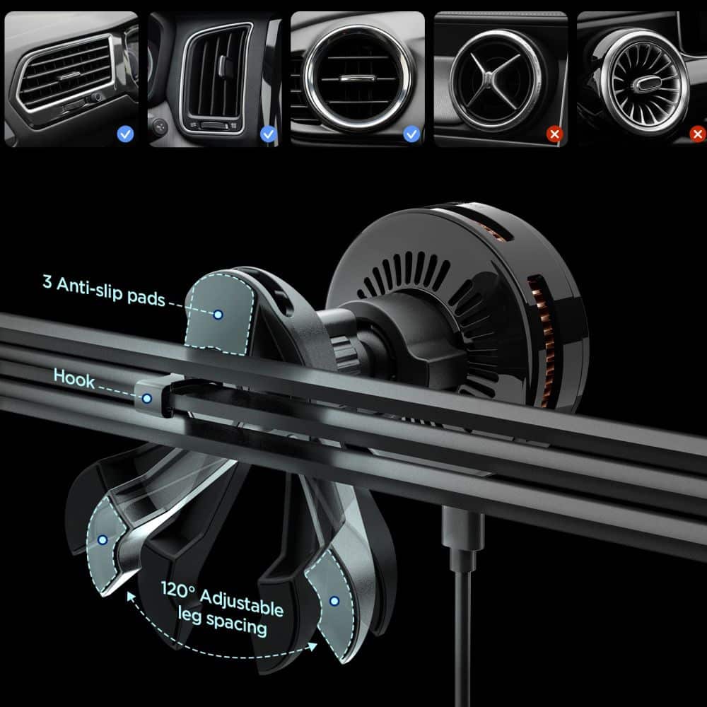 Spigen Essential Ev25mfaq Qi2.2 Peltier Magnetic Magsafe Vent Car Mount Wireless Charger Black - Image 2