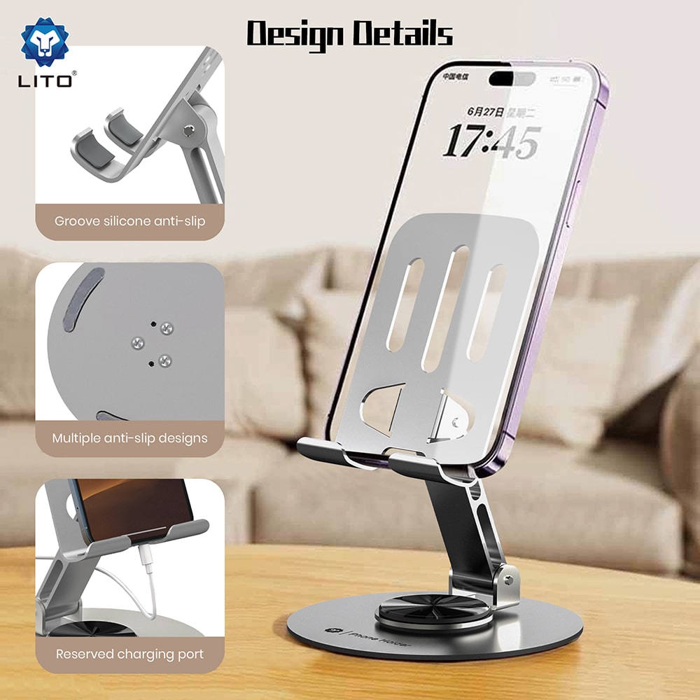 Lito - Phone Holder (lt-H01) - Foldable, 360° Rotation, One-Hand Operation, Universal, Anti-Slip Design - Grey - Image 5