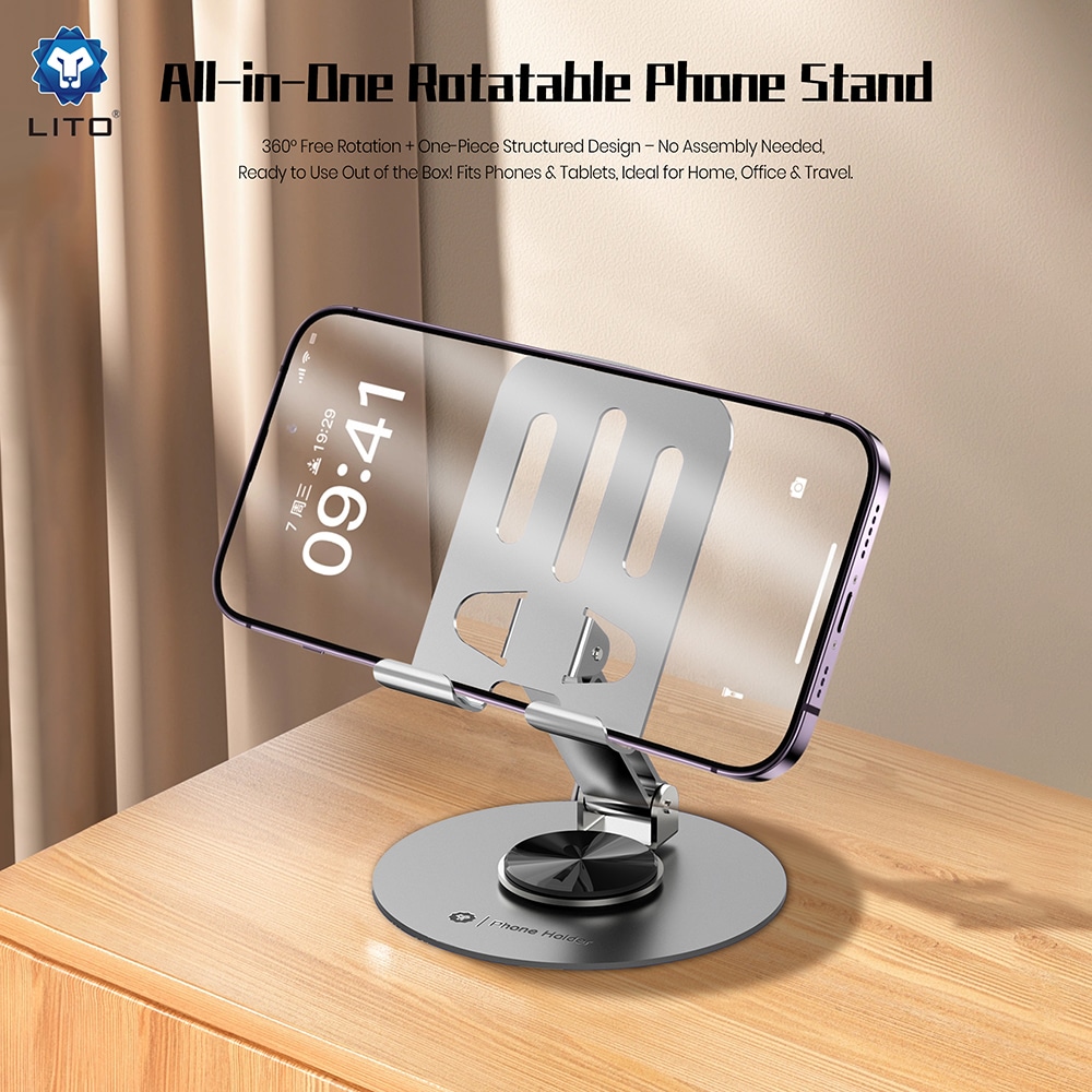 Lito - Phone Holder (lt-H01) - Foldable, 360° Rotation, One-Hand Operation, Universal, Anti-Slip Design - Grey - Image 3