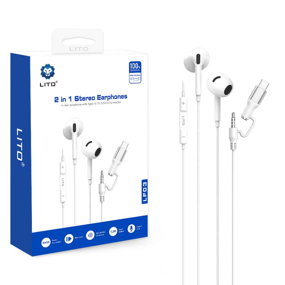 Lito - Wired Earphones (lf03) - Jack 3.5mm, Type-C, Stereo, Half In-Ear, With Hd Microphone, 1.2m - White - Image 7
