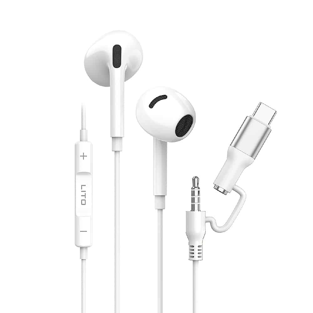 Lito - Wired Earphones (lf03) - Jack 3.5mm, Type-C, Stereo, Half In-Ear, With Hd Microphone, 1.2m - White - Image 2