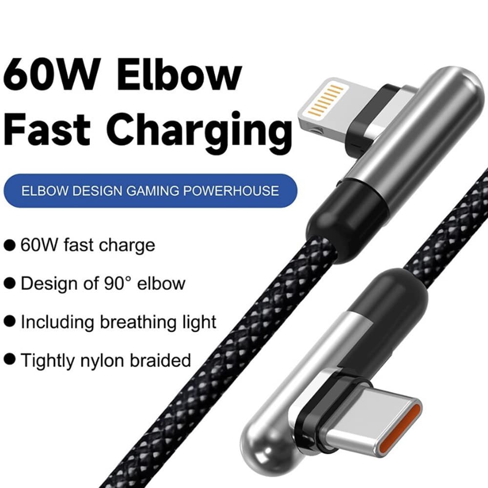 Lito - Data Cable (ld13cl) - Type-C To Lightning Fast Charging 30w, Nylon Braided, Right Angle Design, 1m - Black - Image 2