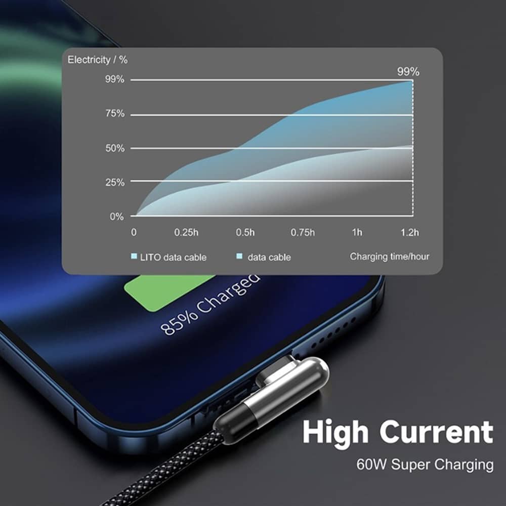 Lito - Data Cable (ld13cl) - Type-C To Lightning Fast Charging 30w, Nylon Braided, Right Angle Design, 1m - Black - Image 4