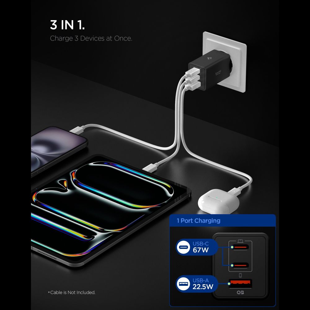Spigen Essential Ee673eu 3-Port Network Charger 67w Black - Image 2