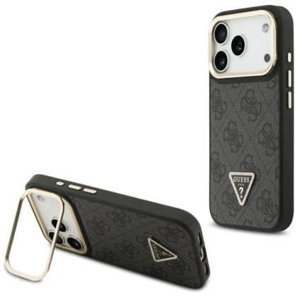 Case Guess 4g Pu Triangle Logo & Stand Camera Magsafe For iPhone 17 Pro Black