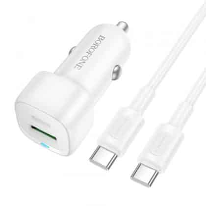 Car Charger Borofone Bz34b Cloud, 20w, 3a, 1 X Usb-A - 1 X Usb-C, With Usb-C Καλώδιο, White