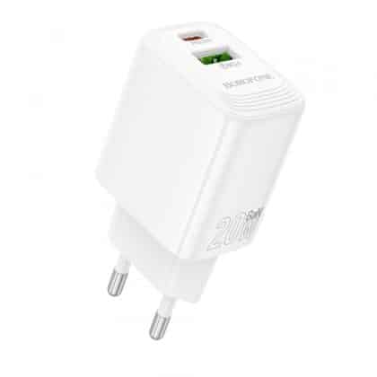 Wall Charger Borofone Bn27 Fuente, 20w, 3a, 1 X Usb-A - 1 X Usb-C, White