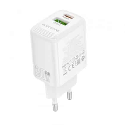Wall Charger Borofone Bn29 Fuente, 30w, 3a, 1 X Usb-A - 1 X Usb-C, White