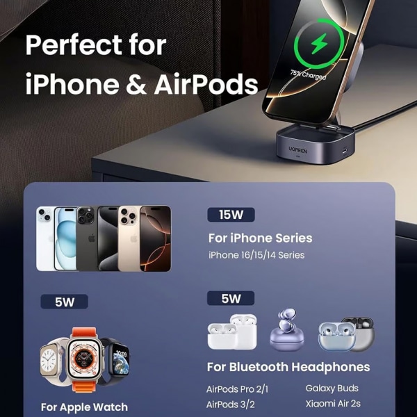 Wireless Charger Ugreen W702 3in1, 20w, 1.67a, 1 X Usb-C, Black - Image 2