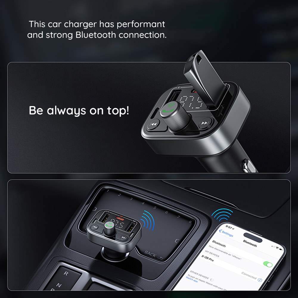 Baseus - Fm Modulator And Car Charger S-09 Pro (c10762200113-00) - 2x Usb, Type-C, Bluetooth 5.3, Digital Display - Black - Image 4