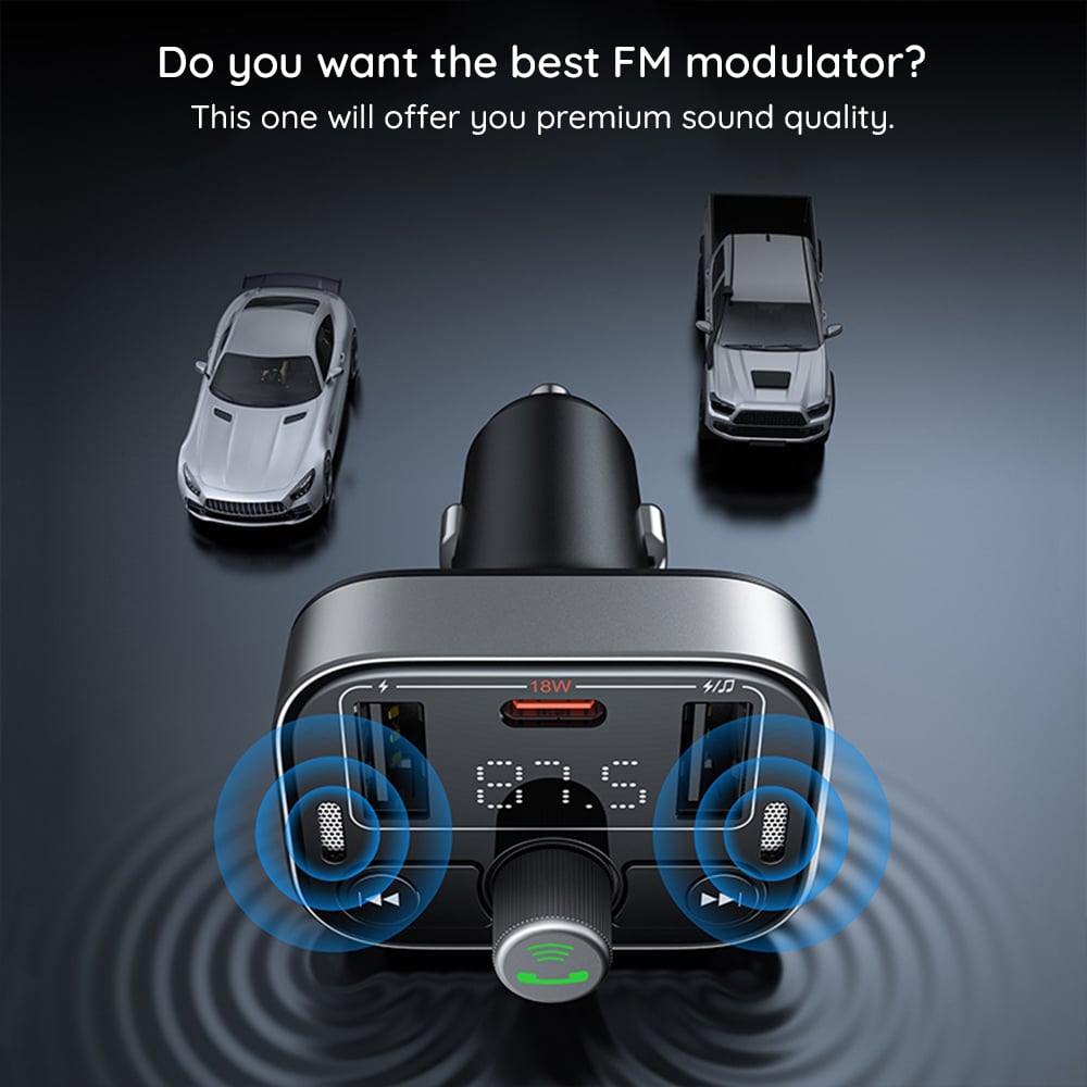 Baseus - Fm Modulator And Car Charger S-09 Pro (c10762200113-00) - 2x Usb, Type-C, Bluetooth 5.3, Digital Display - Black - Image 6