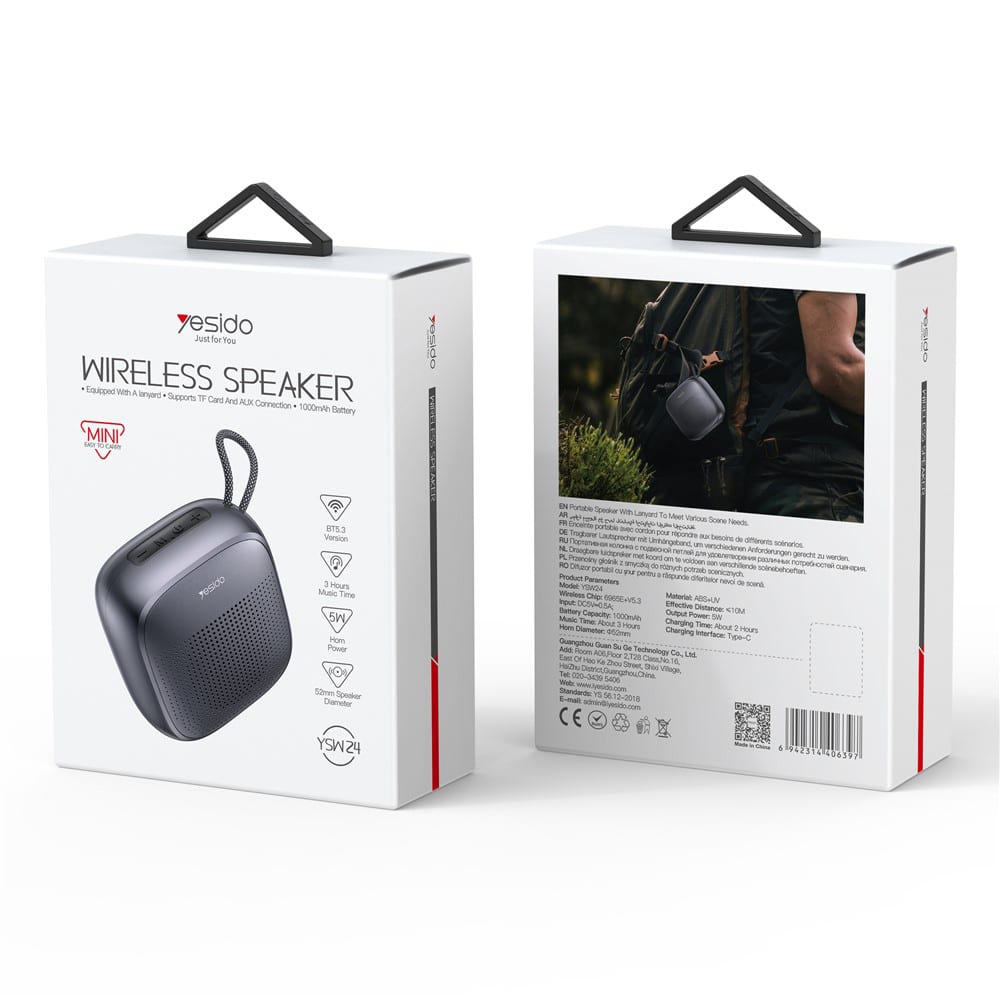Yesido - Wireless Speaker (ysw24) - Bluetooth 5.3, Mini Design, Waterproof, Lanyard, Tf, Aux, Type-C, 1000mah - Black - Image 7