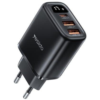 Yesido - Wall Charger (yc67) - With Digital Display, Quick Charge, For Phone, Tablet, 3in1, 2x Usb, Type-C, 17w - Black