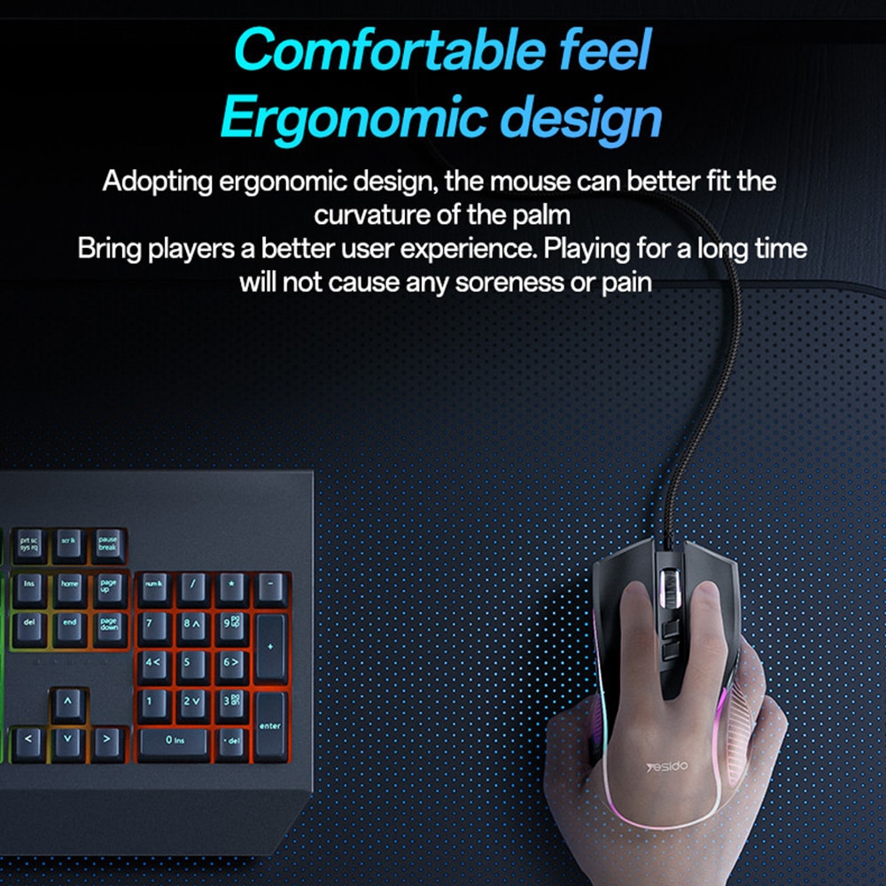 Yesido - Wired Gaming Mouse (kb20) - With Rgb Light, Dpi:1000-7200, Usb, Windows/xp/7/8/10/11/mac 05, 110cm - Black - Image 2