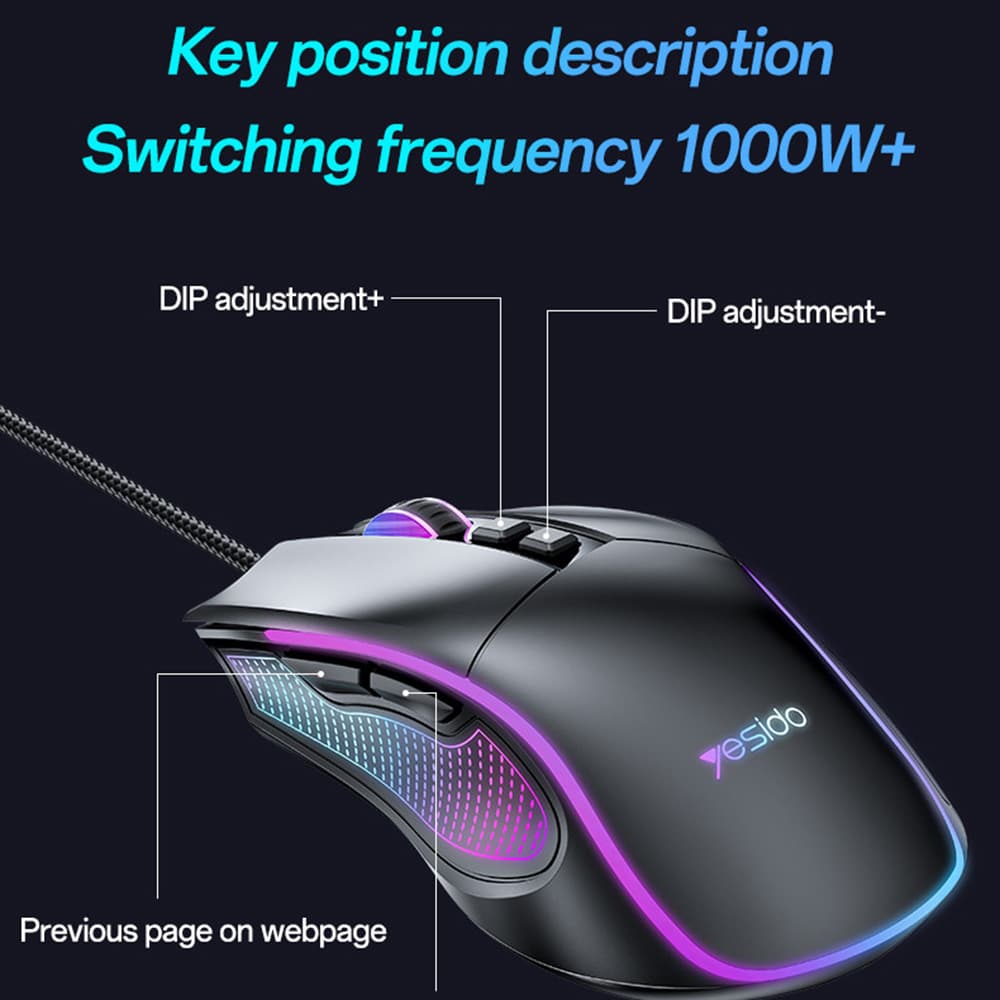 Yesido - Wired Gaming Mouse (kb20) - With Rgb Light, Dpi:1000-7200, Usb, Windows/xp/7/8/10/11/mac 05, 110cm - Black - Image 6