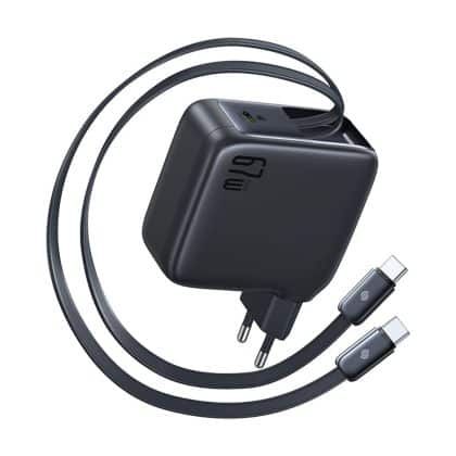 Baseus - Wall Charger Enercore Cj21 (e0121d00) - Type-C With Dual Retractable Type-C Cables, 67w, 80cm - Cosmic Black