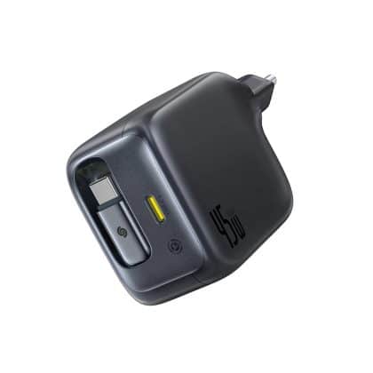 Baseus - Wall Charger Enercore Cj11 (e0120g00) - Gan, Fast Charge, Usb-C, With Retractable Type-C Cable, 45w - Cosmic Black