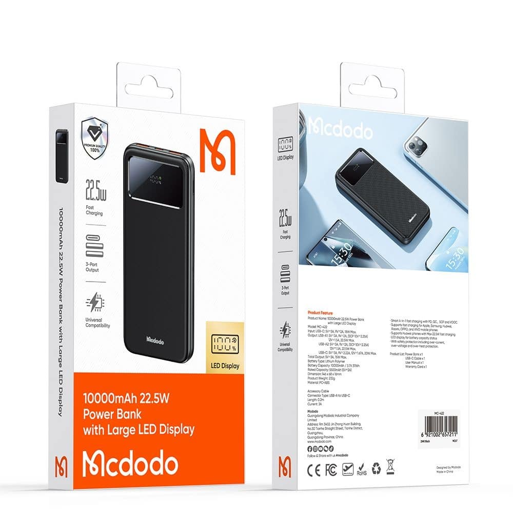 Mcdodo - Power Bank (mc-4220) - Type-C + 2x Usb-A Ports, 10000mah, 22.5w, Led Display - Black - Image 7