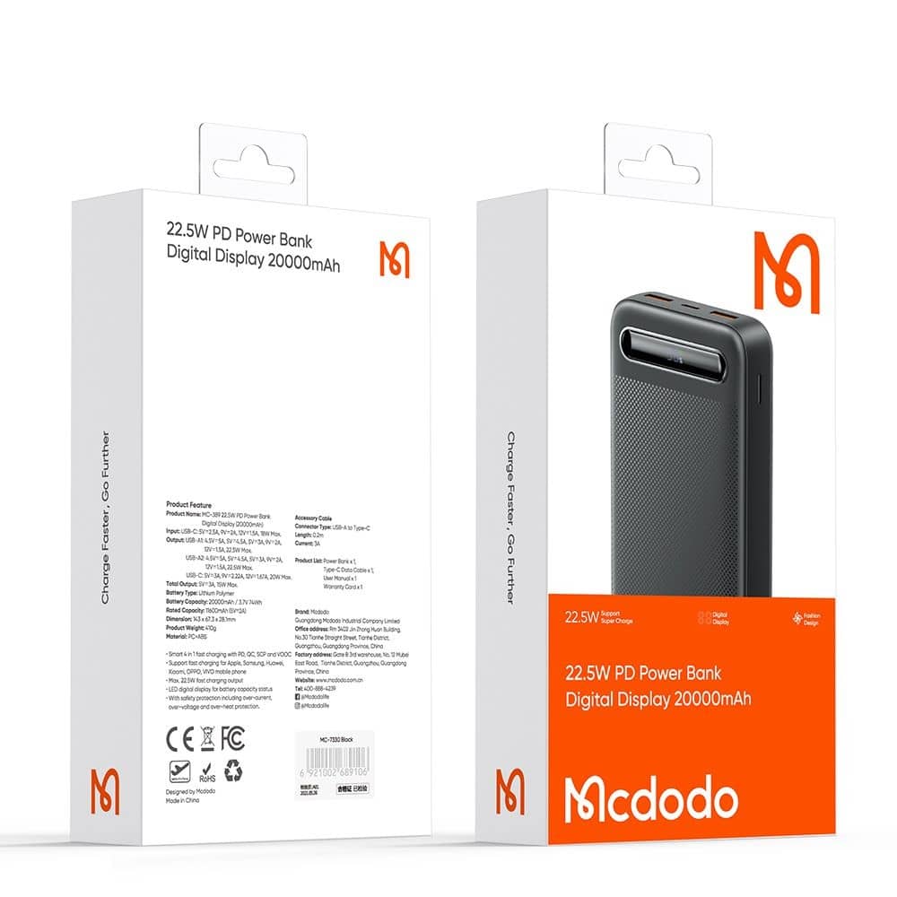 Mcdodo - Power Bank Star Series (mc-3891) - Usb-C + 2x Usb, 20000mah, 22.5w, Digital Display - Black - Image 7