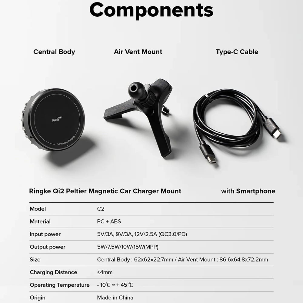 Ringke - Car Holder With Wireless Charging Peltier - Magnetic, Qi2, For Air Vent, 15w - Black - Image 7