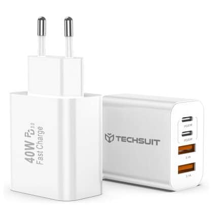 Techsuit - Premium Wall Charger Powerxquad (ch4) - 2x Pd20w Type-C, 2x Usb 3.1a, Super Fast Charge Travel Adapter 40w - White