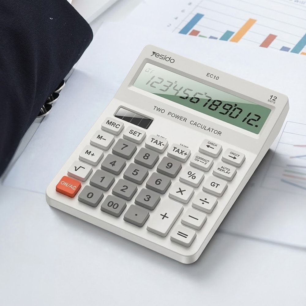 Yesido - Desk Calculator (ec10) - Lcd Display, Ergonomic Design, Solar And Battery Power Source, Max 12 Digits Of Number - White - Image 6