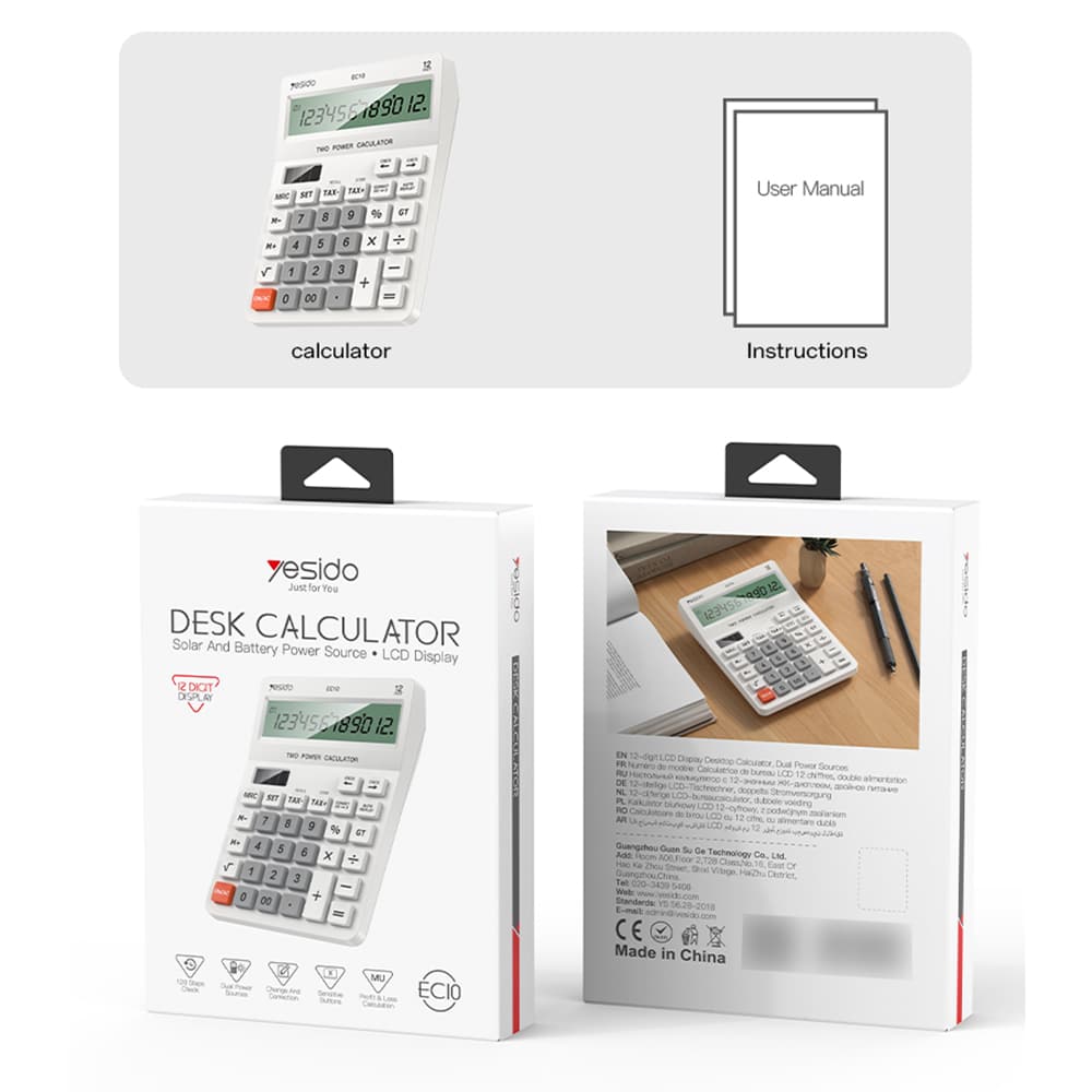 Yesido - Desk Calculator (ec10) - Lcd Display, Ergonomic Design, Solar And Battery Power Source, Max 12 Digits Of Number - White - Image 7
