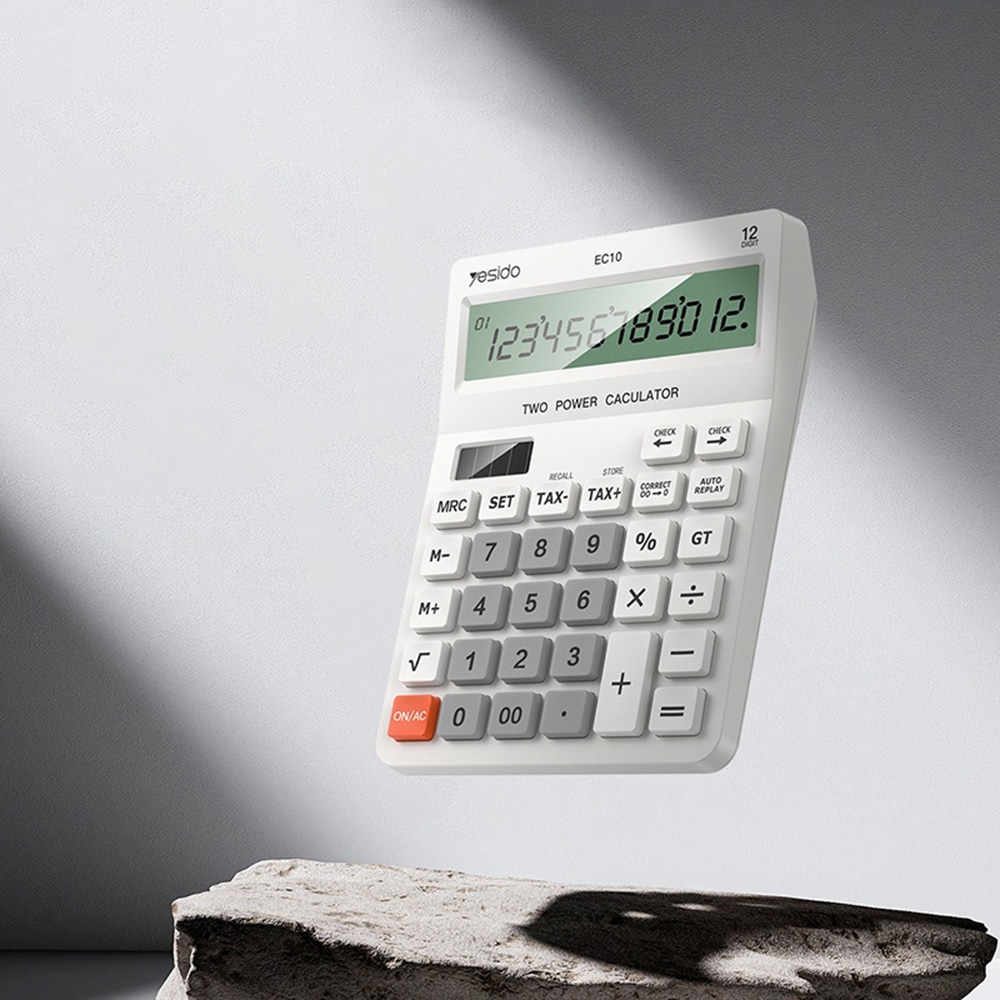 Yesido - Desk Calculator (ec10) - Lcd Display, Ergonomic Design, Solar And Battery Power Source, Max 12 Digits Of Number - White - Image 3