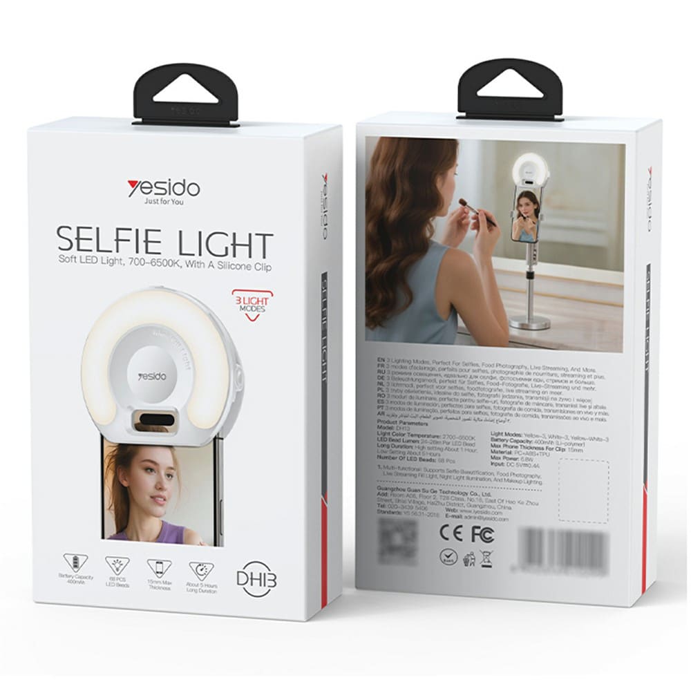 Yesido - Led Selfie Light With Phone Clip (dh13) - 400mah, 6.8w, 3 Lights Mode - White - Image 7