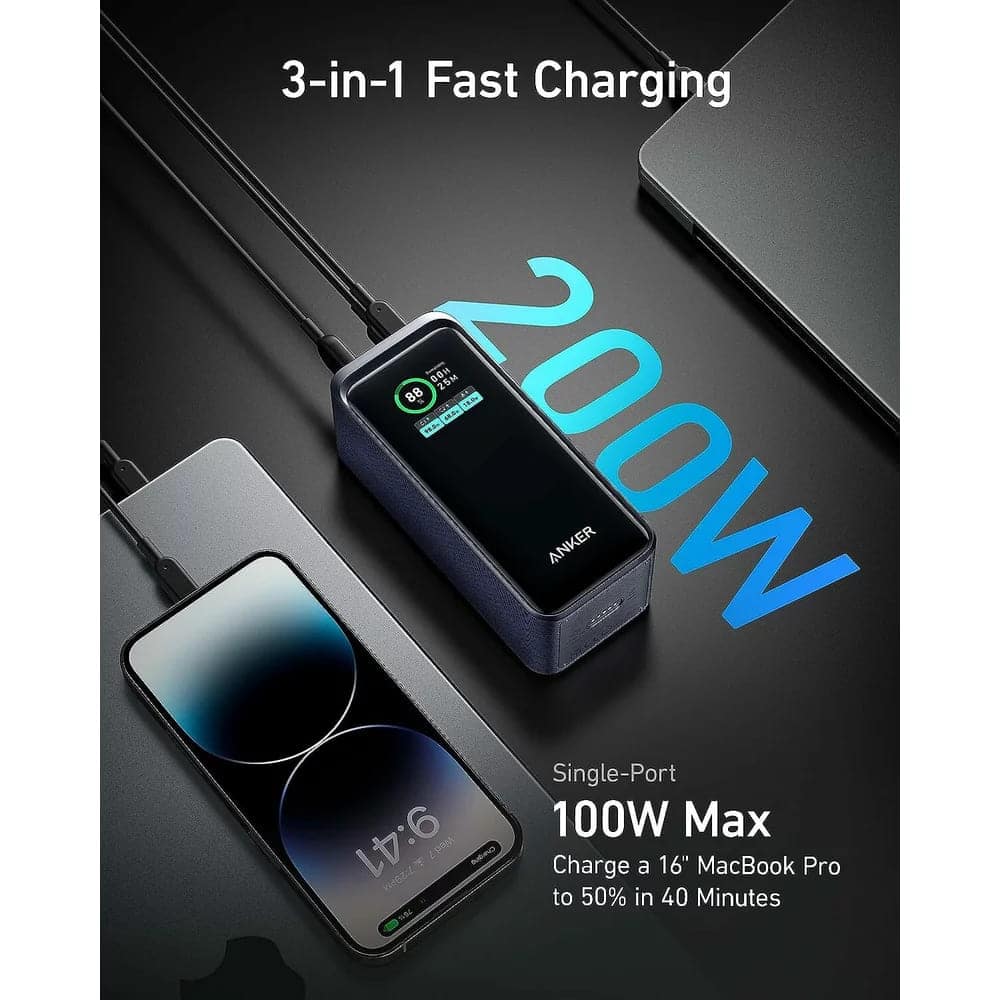 Anker - Power Bank Prime (a1336011) - 2x Usb-C, Usb, For Phone, Tablet, Macbook, Digital Display, 20000mah, 200w - Black - Image 3