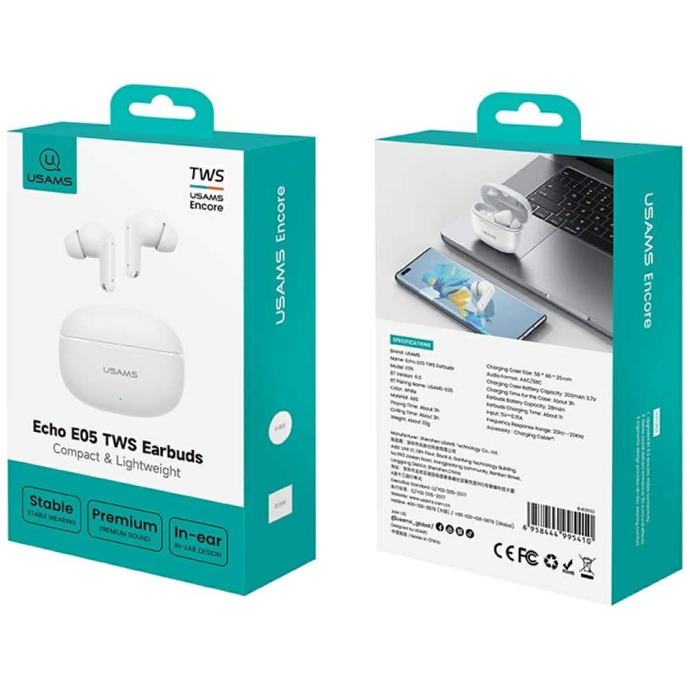 USAMS E05 TWS ακουστικά Bluetooth 6.0 ασύρματα λευκά - Image 4